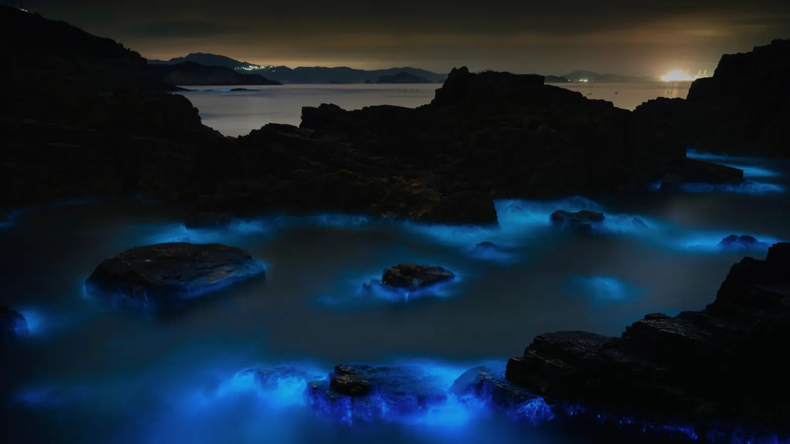 Blue bioluminescent light over rocks on a sea coast.